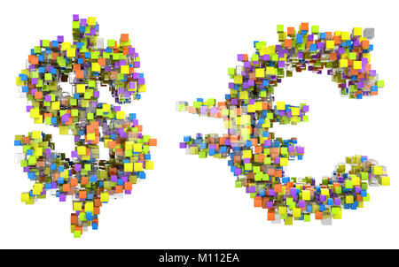 Cubi astratta dollaro ed euro simboli isolato su bianco Foto Stock