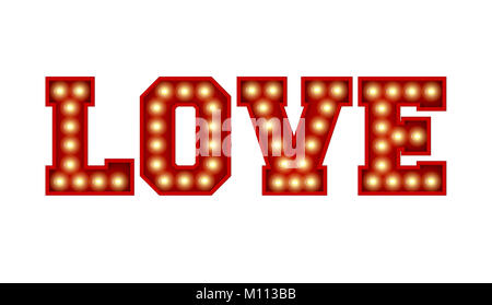 Amore parola fatta dal rosso vintage lampadina lettering isolate su un bianco. Il rendering 3D Foto Stock