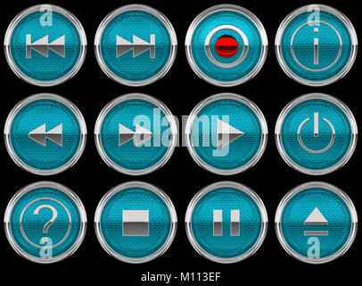 Rotondo blu del pannello di controllo pulsanti e icone isolato su nero Foto Stock