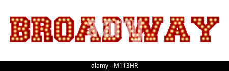 Broadway parola fatta dal rosso vintage lampadina lettering isolate su un bianco. Il rendering 3D Foto Stock