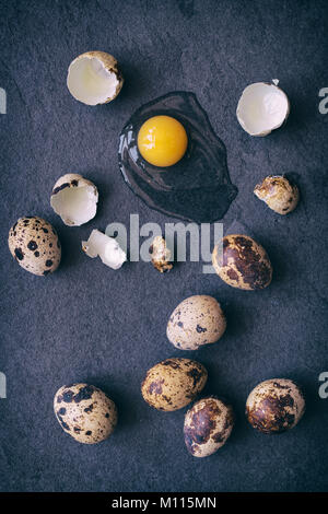 Uova di quaglia con un uovo crudo e gusci su un sfondo di ardesia Foto Stock