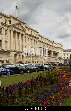 Cheltenham, Gloucestershire, Regno Unito - 25 Luglio 2010: estate colorate aiuole di fronte degli uffici comunali sul lungomare, Cheltenham. Completata intorno al 1835 Queste sono considerati da molti come il migliore Regency edifici a Cheltenham. Estate colorate aiuole di fronte degli uffici comunali sul lungomare, Cheltenham, Gloucestershire, Regno Unito Foto Stock