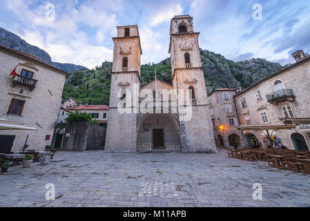 Cattedrale cattolica romana di San Trifone sulla città vecchia di Kotor città costiera, situata nella Baia di Kotor del Mare Adriatico, Montenegro Foto Stock