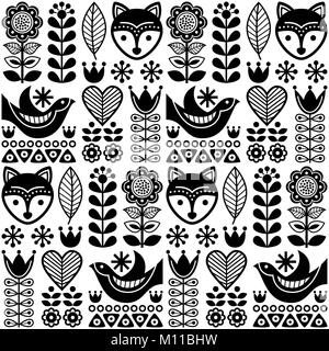 Scandinavo vettore seamless pattern folk con fiori e animali ispirato da arte finlandese Illustrazione Vettoriale