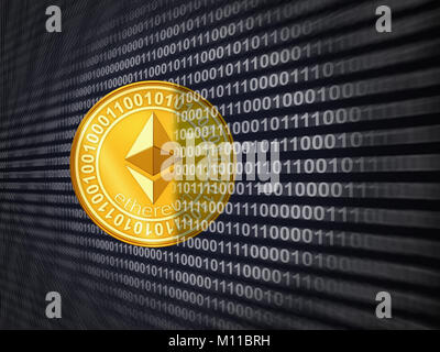 Coin etherum sullo sfondo del codice binario. Il rendering 3d. Foto Stock