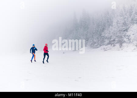 Le ragazze in esecuzione insieme sulla neve in inverno le montagne. Sport e fitness ispirazione e motivazione. Due donne partner trail running in montagna, d inverno Foto Stock