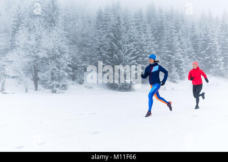 Le ragazze in esecuzione insieme sulla neve in inverno le montagne. Sport e fitness ispirazione e motivazione. Due donne partner trail running in montagna, d inverno Foto Stock