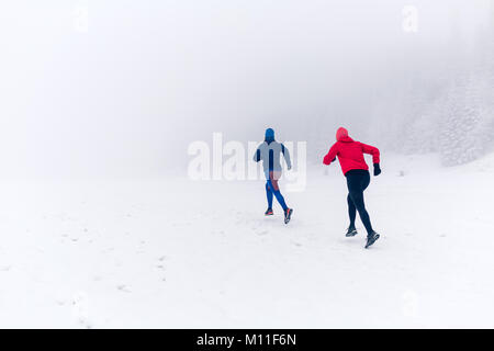 Le ragazze in esecuzione insieme sulla neve in inverno le montagne. Sport e fitness ispirazione e motivazione. Due donne partner trail running in montagna, d inverno Foto Stock