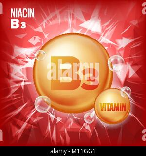 La vitamina B3 vettore di niacina. La vitamina D'Oro pillola olio icona. Organici di vitamina D'Oro Icona della pillola. Capsula di medicina, sostanza dorata. Per bellezza, cosmetico, Heath Promo Annunci Design. 3D complesso vitaminico. Illustrazione Illustrazione Vettoriale