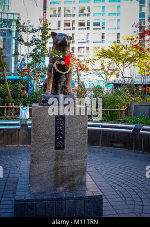 Tokyo, Giappone - Jan 1, 2016. Vista della statua in bronzo di Hachiko alla Stazione di Shibuya. Un cane è ricordato per la sua notevole fedeltà al suo proprietario che con Foto Stock