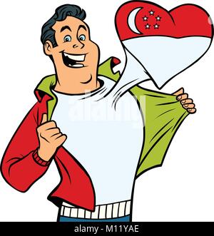 Singapore patriot maschio ventola sport bandiera cuore isolato su sfondo bianco. Fumetto cartoon pop art illustrazione rétro Illustrazione Vettoriale
