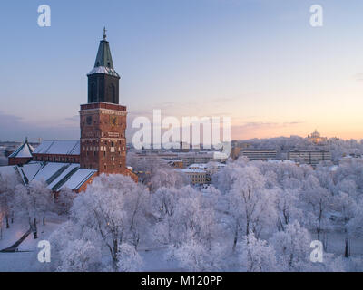 Vista aerea della cattedrale di Turku a sera d'inverno con belle frosty alberi in primo piano, Finlandia Foto Stock