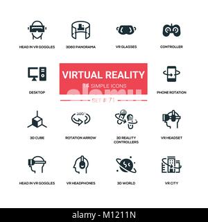 La realtà virtuale - linea silhouette design set di icone Illustrazione Vettoriale