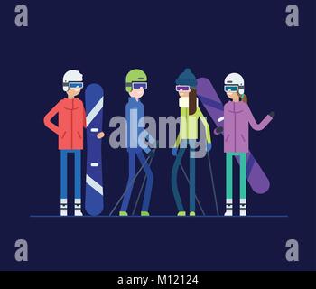 Amici va ovviamente lo sci e lo snowboard - appartamento moderno stile design illustrazione Illustrazione Vettoriale