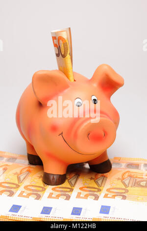 Rosa piggybank con le banconote in euro Foto Stock