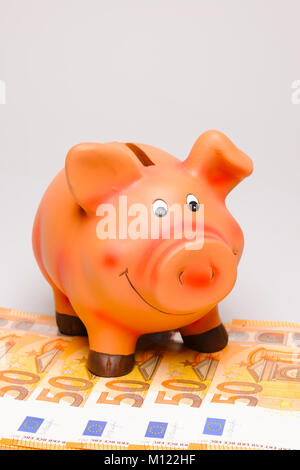 Rosa piggybank con le banconote in euro Foto Stock