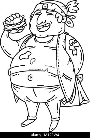Fat Man con il burger. Carattere obesi. Fumetto illustrazione vettoriale. Oggetti isolati su sfondo bianco. Pagine da colorare. Illustrazione Vettoriale