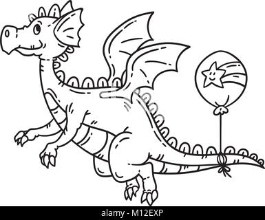 Cartoon Flying Dragon. Oggetti isolati su sfondo bianco. Illustrazione Vettoriale. Pagine da colorare. Illustrazione Vettoriale