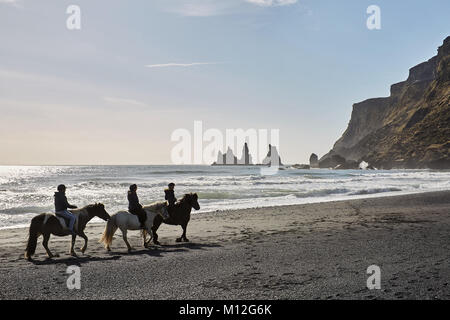 Tre piloti a cavallo sulla spiaggia di ciottoli sullo sfondo del mare tempestoso e scogliere rocciose in Islanda. Sole splende. Il cielo è blu con poche nuvole Foto Stock