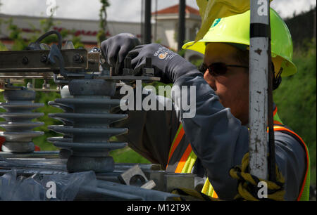 Caguas, Porto Rico, Ottobre 31, 2017 - Puerto Rico Energia Elettrica competente personale lavora per ripristinare l'alimentazione dopo l uragano María seriamente danneggiato di Puerto Rico potenza elettrica infrastruttura di grid. Yuisa Rios/FEMA Foto Stock