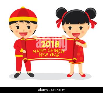Ragazzi e ragazze segni in attesa del nuovo anno cinese isolati su sfondo bianco. Illustrazione Vettoriale
