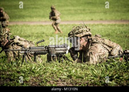 Stati Uniti Soldato dell'esercito, assegnato alla Società Delta, 1° Battaglione, 27 Reggimento di Fanteria "Wolfhound', 2° Fanteria Team di combattimento, XXV divisione di fanteria si impegna con bersagli utilizzando un M249 Squad Arma automatica durante un combinato di bracci Live-Fire Esercizio (CALFEX) su Schofield caserma, Hi., Dicembre 4, 2017. Questa è la prima volta che la seconda della brigata di fanteria combattere la squadra sta conducendo un CALFEX su un 'cold-hit' obiettivo mentre incorporante un pesante-società di armi. (U.S. Foto dell'esercito da 1st. Lt. Ryan DeBooy) Foto Stock