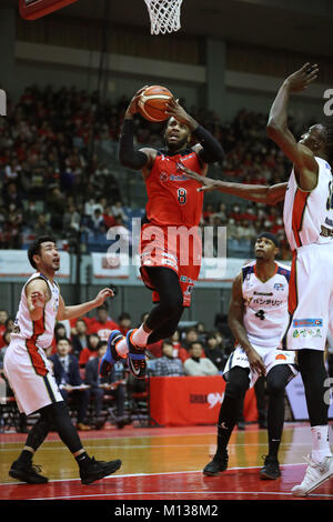 Chiba, Giappone. Xx gen, 2018. (L-R) Masayuki Kabaya (B-Corsari), Leo Lyons (jet), Jeffrey Parmer, Hasheem Thabeet Manka (B-Corsari) Basket : 2017-18 B.LEGA B1 gioco tra getti di Chiba 95-79 Yokohama B-Corsari a Chiba Arena porta a Chiba, Giappone . Credito: Takahisa Hirano/AFLO/Alamy Live News Foto Stock