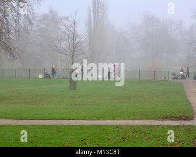 Il Parco di Christchurch, Ipswich. 26 gen, 2018. Regno Unito: Meteo nebbia e freddo inverno mattina per buggyfit corridori in Christchurch Park, Ipswich, Suffolk. Credito: Angela Chalmers/Alamy Live News Foto Stock