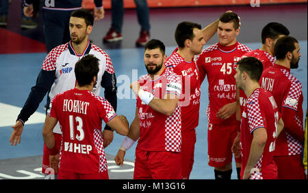 Zagabria, Croazia. 26 gen, 2018. Croazia i giocatori di celebrare la vittoria della loro squadra durante la comunità di Pallamano partita di campionato tra la Croazia vs la Repubblica ceca a Zagabria in Croazia, 26 gennaio 2018. Credito: Monika Skolimowska/dpa-Zentralbild/dpa/Alamy Live News Foto Stock