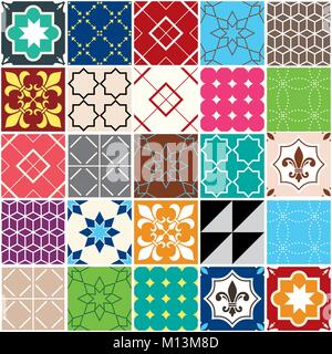Vettore di Seamless pattern di piastrelle, mattonelle azulejos, portoghese geometrico e design floreale - mosaico colorato Illustrazione Vettoriale
