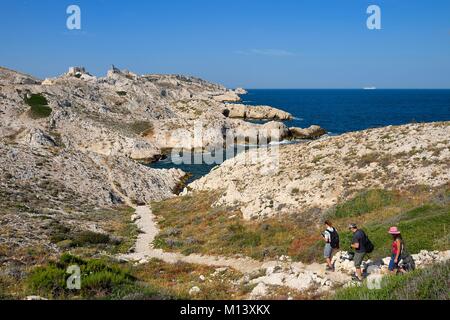 Francia, Bouches du Rhone, Marsiglia, Calanques Parco Nazionale arcipelago di isole Frioul, Pomegues isola, gli escursionisti su un sentiero e il Pomeguet torre costruita nel 1860 in background Foto Stock