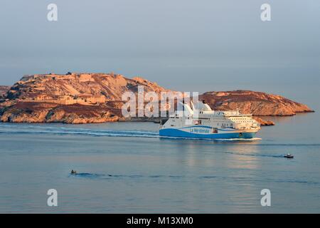 Francia, Bouches du Rhone, Marsiglia, Calanques Parco Nazionale arcipelago di isole Frioul, traghetto da La Meridionale proveniente dalla Corsica e le rovine della Caroline ospedale il Ratonneau Island in background Foto Stock