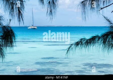 Francia, Polinesia francese, Arcipelago Tuamotu, Fakarava Atoll, Rotoava, Riserva della Biosfera dall'UNESCO, catamarano ancorata nella laguna Foto Stock