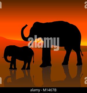 Nero a profilarsi per Adulti e Baby Elephant Illustrazione Vettoriale