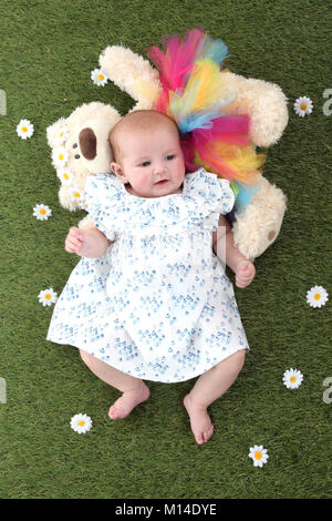 15 settimana vecchia bambina che stabilisce su letto d'erba in giardino Foto Stock