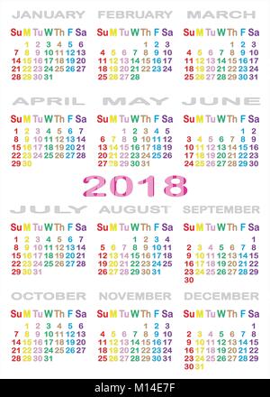 Calendario 2018 separati su sfondo bianco con colore specifico per ogni giorno della settimana Illustrazione Vettoriale