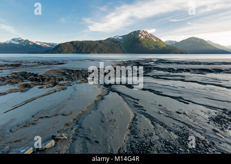 I canali nel limo del braccio Turnagain creato dalla bassa marea con le Kenai Mountains sullo sfondo vicino a Portage centromeridionale in Alaska. Foto Stock