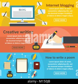 Blogging scrivere banner orizzontale, di tipo piatto Illustrazione Vettoriale