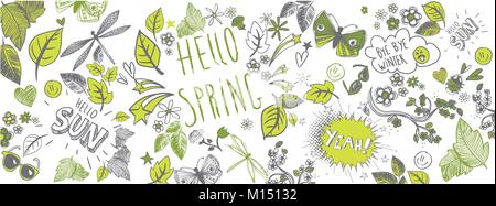 Sweet spring scarabocchi vettore completo banner di grandi dimensioni Illustrazione Vettoriale