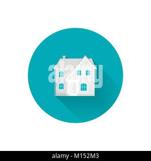 Icona della casa accogliente, casa, cottage, spazio per il testo. La molla di un edificio moderno. Design piatto paesaggio urbano. Illustrazione Vettoriale