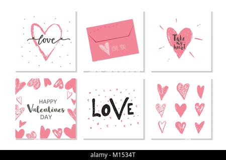 Bellissimo set di 6 giorno di San Valentino la carta regalo con il cuore e con caratteri di amore. La calligrafia, disegnati a mano gli elementi di design per la stampa, poster, invito party Illustrazione Vettoriale