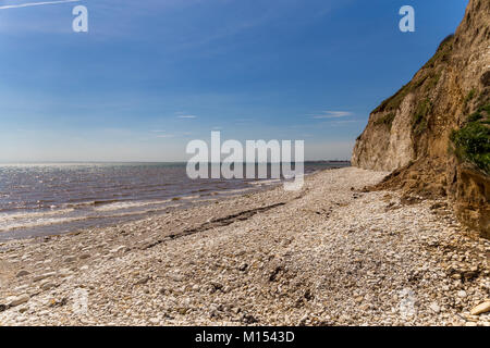 Costa del Mare del Nord con la spiaggia di ghiaia e scogli dei danesi Dyke vicino a Bridlington, East Riding of Yorkshire, Regno Unito Foto Stock