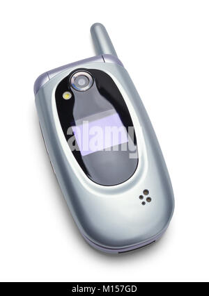 Vecchio grigio Vintage Flip phone vista frontale isolato su uno sfondo bianco. Foto Stock