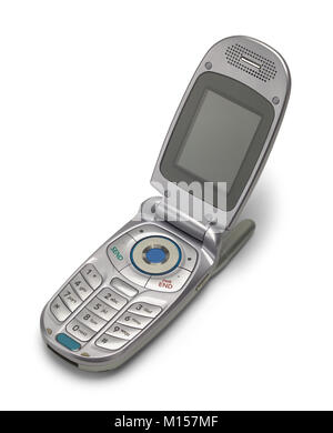 Vecchio Vintage grigio telefono con flip aperto isolata su uno sfondo bianco. Foto Stock