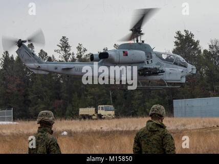 Stati Uniti Marine Corps AH-1W Super Cobra assegnato alle Marine Attacco leggero elicottero Squadron 167 terre in corrispondenza di una attivazione in avanti punto di rifornimento sul giovane Air Assault striscia, Wis., 20 gennaio, 2018. Ullr Shield è un esercizio di formazione progettati per migliorare la seconda Marine Ala di aeromobili di capacità in condizioni di freddo intenso degli ambienti. (U.S. Marine Corps Photo by Lance Cpl. Jailine L. Martinez) Foto Stock