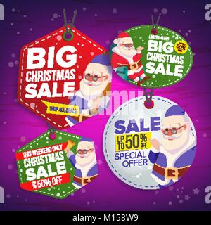 Vendita di Natale Tags vettore. Appartamento Offerta Speciale Natale adesivi. Santa Claus. Appendere Vendita banner. Metà prezzo. Illustrazione moderna Illustrazione Vettoriale