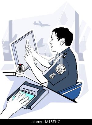 Illustrazione Vettoriale di passaporto controllo comando presso l'aeroporto Illustrazione Vettoriale