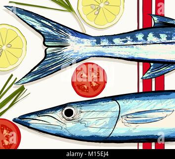 Illustrazione vettoriale di una composizione a base di pesce la cottura di preparazione Illustrazione Vettoriale