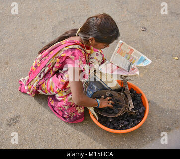 Donna indiana la vendita di acqua Chesnut nella strada del Rajasthan, India Foto Stock