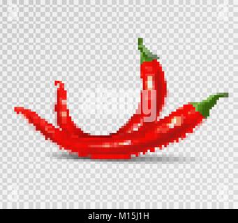 Rosso naturale hot chili pepper pod immagini realistiche con shadow illustrazione vettoriale. Illustrazione Vettoriale